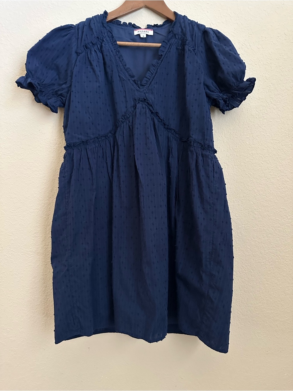 Andree by Unit Navy Swiss Dot V-Neck Puff Sleeve Smocked Dress Size M